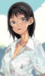  black_hair breasts cleavage collarbone copyright_request glasses hair_ornament hairclip no_bra open_mouth ringed_eyes solo teeth zaimoku_okiba 