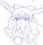  :d adjusting_glasses bespectacled blush chain chains face fang glasses hands horns ibuki_suika ikuya_koimori monochrome open_mouth sketch smile solo touhou 