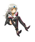  armor black_legwear boots character_request circlet copyright_request elsword eve_(elsword) facepaint fingerless_gloves gloves grey_hair high_heels open_mouth shoes solo thigh-highs thigh_boots thighhighs white_background yellow_eyes yonggi 
