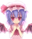  ascot bat_wings blue_hair chiri_(tiri0401) hands_on_own_chest hat lowres red_eyes remilia_scarlet ribbon short_hair smile solo touhou wings 