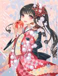  apple bf._(sogogiching) bird bird_on_shoulder black_hair bow drill_hair food fruit hair_ornament holding holding_apple holding_fruit japanese_clothes kimono large_bow long_hair open_mouth original ponytail red_eyes side_ponytail smile solo 