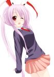  alternate_hairstyle animal_ears aoba_senkiri arms_behind_back blush bunny_ears bunny_tail chimunge highres jacket long_hair necktie open_mouth purple_hair red_eyes reisen_udongein_inaba smile solo tail touhou turning twintails v_arms wink 