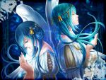  aqua_hair back-to-back bare_shoulders clone closed_eyes dual_persona hair_ornament hatsune_miku long_hair momopanda multiple_girls nail_polish tears vocaloid wings 