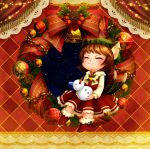  :3 animal_ears bell blush_stickers brown_eyes carrot cat_ears cat_tail chen christmas closed_eyes curtains doll dress eyes_closed flower frills haraya hat jewelry leaf multiple_tails rose single_earring sitting snowman solo star_(sky) tail touhou wreath 
