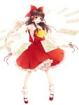  blurry bobby_socks bow brown_hair depth_of_field detached_sleeves footwear frills hair_bow hakurei_reimu mary_janes miko ofuda orange_eyes petticoat sarashi shoes skirt skirt_set socks solo standing touhou uduki_eri uzuki_eri wide_sleeves 