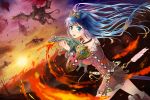  aqua_eyes blue_eyes blue_hair boots castle claws demon dragon fantasy feather feathers fire floating_castle floating_island flying horns jewelry juu. long_hair looking_back monster necklace original scenery skirt sky star stars sun sword tail talons tiara tree weapon yellow_eyes 