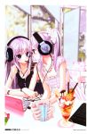  absurdres blue_eyes computer cup dress food headphones highres ice_cream laptop multiple_girls original parfait pocky purple_eyes scan sony sundress teacup tsukigami_runa vaio violet_eyes 