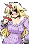  akou_roushi alternate_costume background bare_shoulders blonde_hair blush breasts cleavage cuffs fang horn hoshiguma_yuugi large_breasts long_hair manacles red_eyes ribbed_sweater simple_background sketch smile solo sweater touhou white white_background 