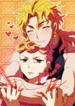  2boys blonde_hair blue_eyes blush chin_rest dio_brando earrings fang father_and_son giorno_giovanna heart hug hug_from_behind jewelry jojo_no_kimyou_na_bouken multiple_boys routo 