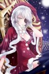  arm_up bangs black_legwear blue_eyes business_card christmas clock cogs eyepatch flower garter_belt gloves hat iri_flina lowres night outdoors reum rose santa_costume santa_hat shawl short_hair sitting snow solo swept_bangs sword_girls thighhighs white_hair 