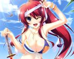  appare!_tenka_gomen bikini cleavage katagiri_hinata ponytail red_hair redhead swimsuit sword tokugawa_yoshine weapon wink 