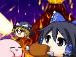  2girls =_= alternate_color black_hair blonde_hair boned_meat bow braid crossover eating food grey_eyes hair_bow hair_tubes hakurei_reimu hat kirby kirby_(series) kirisame_marisa master_spark meat mini-hakkero multiple_girls player_2 single_braid touhou volcano yellow_eyes yukkuri_shiteitte_ne 