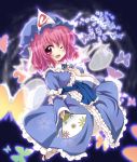  absurdres breasts butterfly fan folding_fan ghost hat highres japanese_clothes open_mouth pink_eyes pink_hair rishuu saigyouji_yuyuko short_hair solo touhou wink 