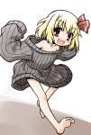  :d akou_roushi alternate_costume barefoot blonde_hair blush bottomless bow child fang feet hair_bow hair_ribbon naked_sweater no_pants open_mouth outstretched_leg oversized_clothes ribbed_sweater ribbon rumia short_hair smile soles solo sweater the_embodiment_of_scarlet_devil toes touhou youkai 