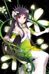  arm_warmers bangs black_hair clenched_hand evening_gown flower flower_necklace flower_on_head flower_wreath frills hair_flower hair_ornament lily_(flower) long_hair lowres naleudag night red_eyes sitting solo star sword_girls tiara 