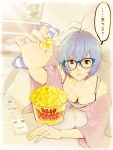  1girl antenna_hair ayanami_rei blue_hair breasts cleavage controller couch ebba expressionless glasses looking_at_viewer lying neon_genesis_evangelion off_shoulder on_stomach outstretched_arm popcorn red_eyes remote_control short_hair solo striped striped_legwear television 