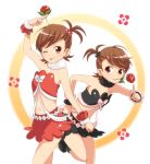  2girls :&gt; ;p bare_shoulders bow brown_eyes brown_hair cute_&amp;_girly_(idolmaster) flower futami_ami futami_mami hair_bobbles hair_ornament idolmaster maro_nie mouth_hold multiple_girls navel rose short_hair siblings side_ponytail sisters skirt smile tongue twins wink wristband 