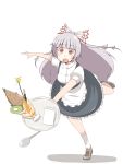  alternate_costume apron bow dress enmaided falling food fujiwara_no_mokou grey_dress hair_bow hair_ribbon ice_cream kiwifruit long_hair maid open_mouth pocky red_eyes ribbon silver_hair solo spoon sundae touhou tray tripping tsukigi 