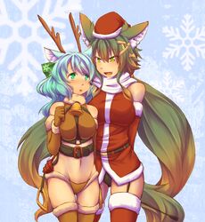  :o amamiya_kaoruko animal_costume animal_ears bell blue_hair brown_hair elbow_gloves fang fox_ears fox_tail gloves green_eyes kuromiya kuromiya_raika navel open_mouth original reindeer_antlers reindeer_costume santa_costume smile snowflakes tail thigh-highs thighhighs yellow_eyes 