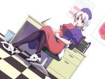  book braid breasts chair desk dress hat loafers long_hair looking_at_viewer nurse_cap open_mouth pantyhose pen purple_eyes seren_(staphy) shoes single_braid solo touhou violet_eyes white_hair yagokoro_eirin 