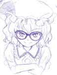  bespectacled bust crossed_arms face glasses hat ikuya_koimori looking_at_viewer monochrome remilia_scarlet short_hair sketch slit_pupils smile solo touhou tsurime 