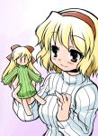  akou_roushi alice_margatroid alternate_costume background blonde_hair blush brown_eyes doll hairband matching_shanghai ribbed_sweater ribbon shanghai_doll short_hair simple_background smile solo sweater touhou white 