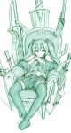  aouma hatsune_miku highres knife long_hair monochrome skirt smile solo sword thigh-highs thighhighs throne twintails very_long_hair vocaloid weapon 