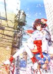  1girl absurdres breasts brown_hair building cable cherry_blossoms highres huge_filesize japanese_clothes kaishaku kimono legs miko red_eyes sake sign tagme thigh-highs transformer utility_pole white_legwear 