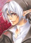  bust dark_link earrings hat jewelry male marker_(medium) pointy_ears red_eyes signature solo tattoo the_legend_of_zelda traditional_media white_hair yaichino 