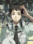  airplane badge brown_hair contra-rotating_propellers copyright_request hand_on_head hat hat_removed headset headwear_removed male necktie pilot raised_eyebrow short_hair solo uniform zaimoku_okiba 