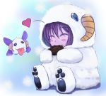  1girl :p alternate_costume blush_stickers closed_eyes cookie costume eating fang food horns league_of_legends lulu_(league_of_legends) pix poro_(league_of_legends) purple_hair tongue tongue_out tsugumiforever wings 