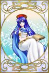  74 art_nouveau blue_eyes blue_hair book cape dress fire_emblem fire_emblem:_fuuin_no_tsurugi fire_emblem_fuuin_no_tsurugi hat lilina long_hair solo 