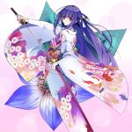  bell bow expressionless flower hair_ribbon japanese_clothes katana kimono long_hair original purple_eyes purple_hair ramuya_(lamb) ribbon solo sword violet_eyes weapon white_background 