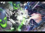 black_hair black_rock_shooter black_rock_shooter_(character) blue_eyes boots dead_master glowing glowing_eyes green_eyes highres horns long_hair multiple_girls paparins scythe smile sword twintails weapon 