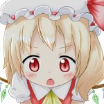  1girl ascot blonde_hair fang flandre_scarlet looking_at_viewer m-kun open_mouth red_eyes short_hair side_ponytail solo the_embodiment_of_scarlet_devil touhou wings 