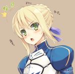  1girl ahoge blonde_hair blush braid fate/stay_night fate/zero fate_(series) green_eyes hair_ribbon open_mouth ribbon saber simple_background solo surprised tel-o 