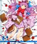  akishima_kei bad_id bare_legs bed blue_eyes book bow crescent error hair_bow hat long_hair looking_at_viewer lying on_back open_book panties panty_pull patchouli_knowledge petals purple_hair solo touhou underwear very_long_hair white_panties 