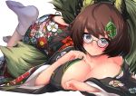  1girl animal_ears bangs blush breasts cleavage collarbone futatsuiwa_mamizou glasses hitotsuki_nebura japanese_clothes kimono large_breasts leaf leaf_on_head leg_up looking_at_viewer lying on_stomach raccoon_ears raccoon_tail round_glasses short_hair simple_background socks solo tail touhou white_background white_legwear 