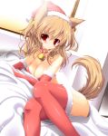  :&lt; absurdres animal_ears artist_request bell bell_collar blonde_hair blush breasts brown_hair christmas cleavage collar dog_ears dog_tail elbow_gloves gloves hat highres lying on_side original ran108 rankiryuu red_eyes red_gloves red_legwear santa_hat short_hair solo tail thigh-highs thighhighs 