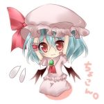  1girl ascot bat_wings blue_hair chibi hands_on_hat hat jewelry lowres pendant red_eyes remilia_scarlet ribbon shiinayuuki short_hair skirt solo touhou wavy_mouth wings wrist_cuffs 