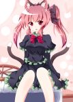  alternate_costume alternate_hairstyle animal_ears bad_id bare_legs bow breasts cat_ears cat_tail hair_bow highres kaenbyou_rin kuromari_(runia) large_breasts looking_at_viewer multiple_tails red_eyes red_hair redhead short_hair sitting solo tail touhou twintails 