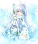  ahoge blue blue_eyes blue_hair boots detached_sleeves hatsune_miku kneeling light_smile long_hair mayo_riyo necktie pleated_skirt scarf skirt sleeves_past_wrists snow snowing snowman solo squatting thigh-highs thighhighs twintails v_arms very_long_hair vocaloid white_hair yuki_miku 
