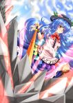  1girl archienemy blue_hair boots hat hinanawi_tenshi long_hair red_eyes solo sword sword_of_hisou touhou weapon 