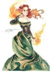  breasts cleavage corset dress fire freckles long_hair magic orange_hair original phong_anh signature simple_background solo traditional_media watercolor_(medium) watermark web_address yellow_eyes 