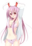  animal_ears aoba_senkiri arms_behind_head arms_up blush bra breasts bunny_ears chimunge cleavage dress_shirt lingerie long_hair midriff navel no_pants open_clothes open_mouth open_shirt panties pink_bra pink_eyes pink_hair pink_panties reisen_udongein_inaba shirt solo striped striped_panties touhou underwear 