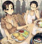  breasts candy chair chin_rest cleavage closed_eyes copyright_request cup dog_tags eating eyes_closed glasses ketchup large_breasts omelet salad sitting spork table tray zaimoku_okiba 
