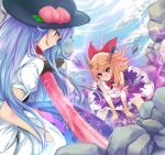  battle blue_hair brown_eyes brown_hair cloud cloudy_sky eye_contact food fruit hat hinanawi_tenshi horns ibuki_suika long_hair looking_at_another multiple_girls peach red_eyes rim_(kingyoorigin) rock skirt sleeveless sleeveless_shirt smile sword sword_of_hisou touhou very_long_hair weapon 