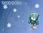  chibi_miku detached_sleeves dog hair_between_eyes hamo_(dog) hatsune_miku headphones highres leash minami_(colorful_palette) necktie scarf skirt smile snowflakes twintails vocaloid zoom_layer |_| 