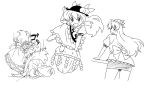  angry blush broken_ground chibi faceplant fujiwara_no_mokou hat hinanawi_tenshi ikuya_koimori kamishirasawa_keine keystone kicking long_hair looking_back miniskirt monochrome multiple_girls no_eyes sitting_on_rock skirt smile speed_lines touhou 