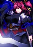 alternate_color arm_up breasts choker hair_bobbles hair_ornament large_breasts long_sleeves onozuka_komachi pink_hair red_eyes scythe short_hair short_twintails smile solo touhou tro twintails 